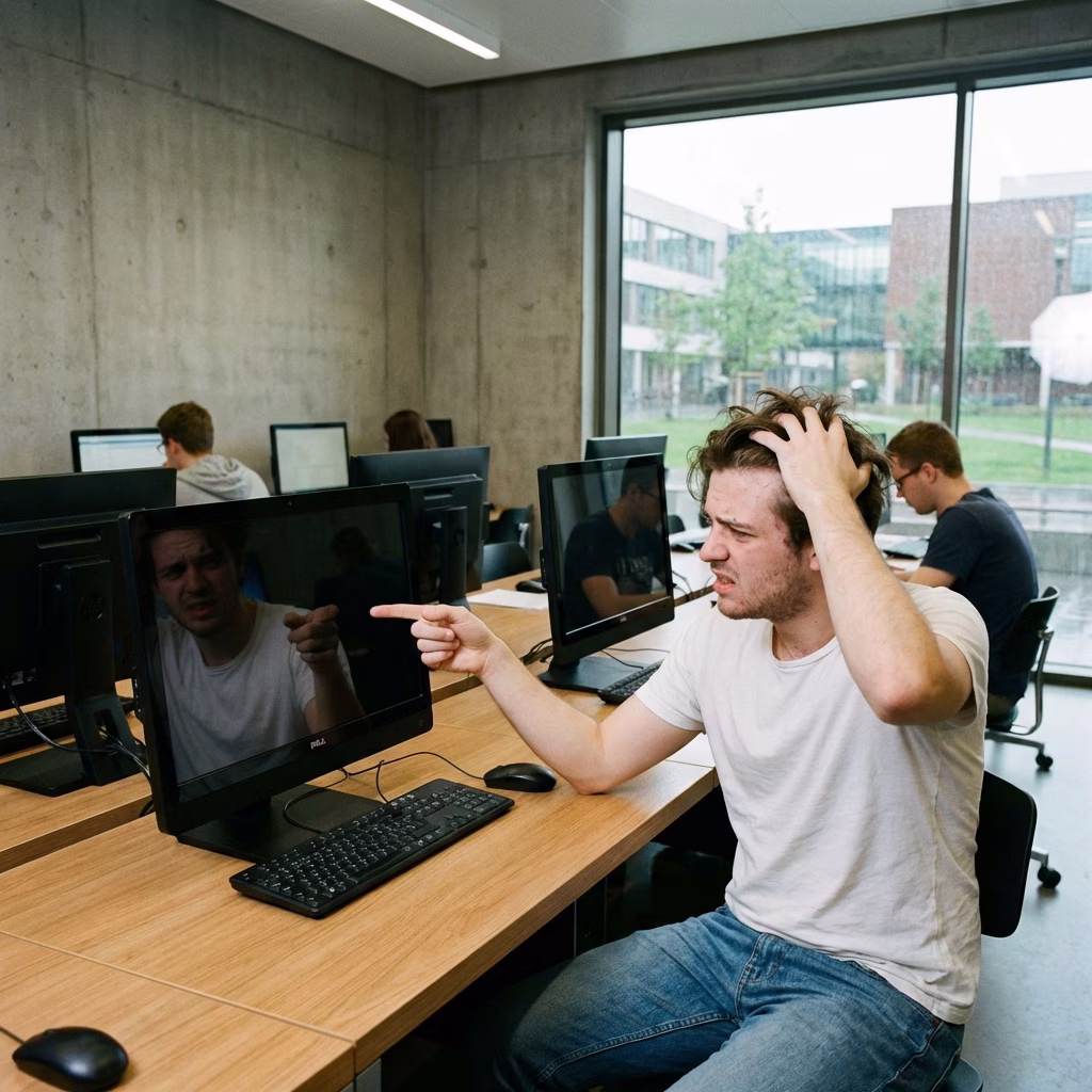 Frustrated student with IT problems in computer lab